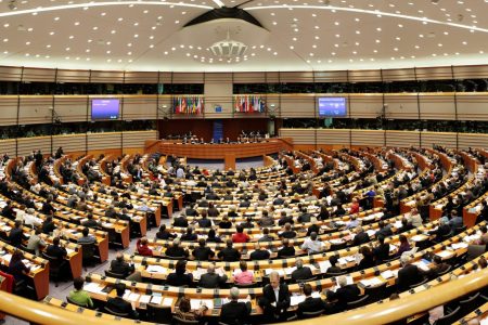 Panoramic view of the Hemicycle inside the Paul-Henri SPAAK Building.